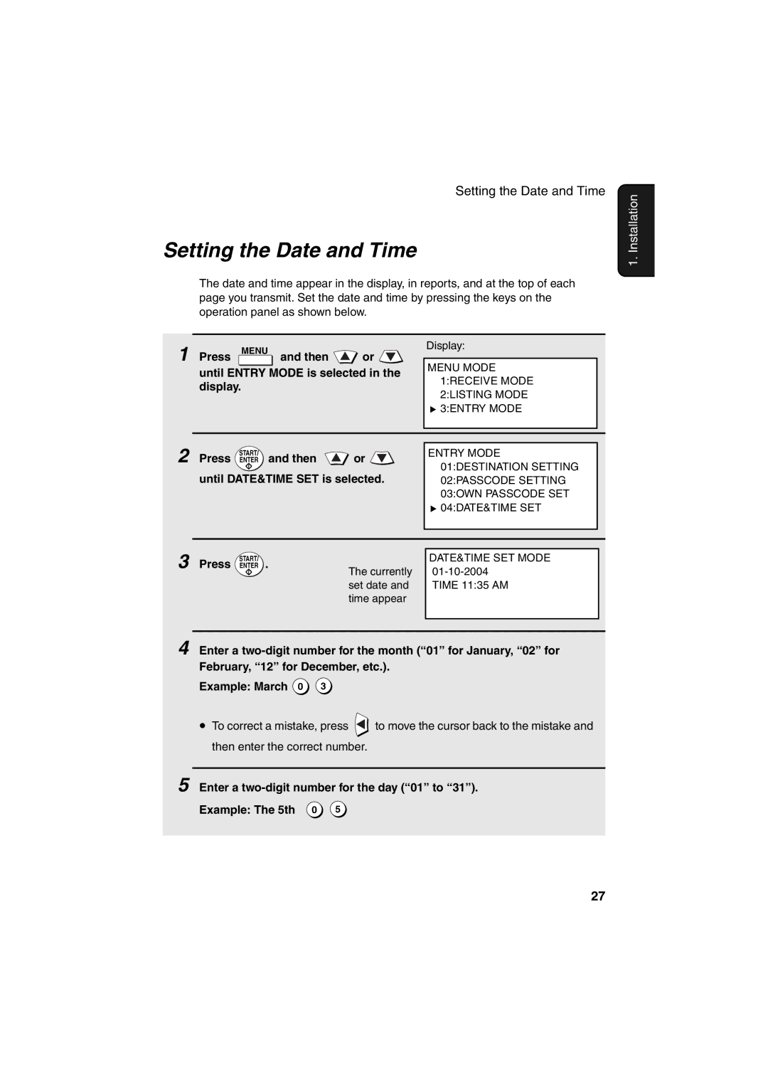 Sharp FO-DC500 operation manual Setting the Date and Time, Until DATE&TIME SET is selected 