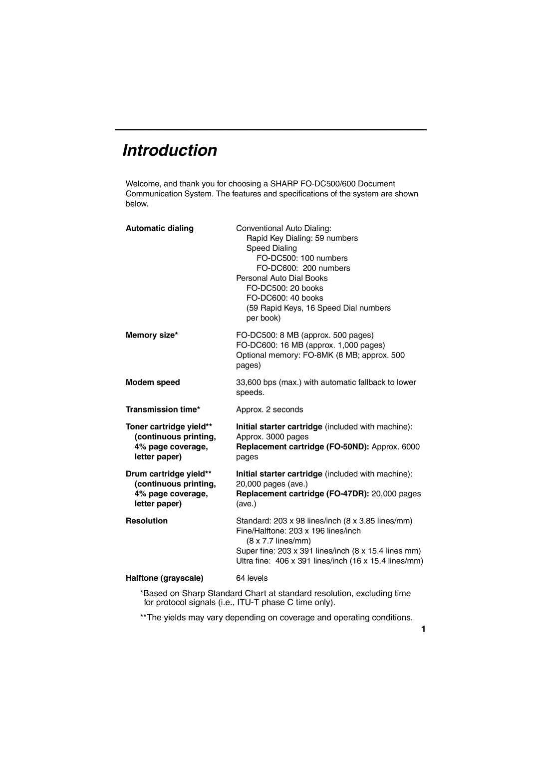 Sharp FO-DC500 Automatic dialing, Memory size, Modem speed, Transmission time, Resolution, Halftone grayscale 