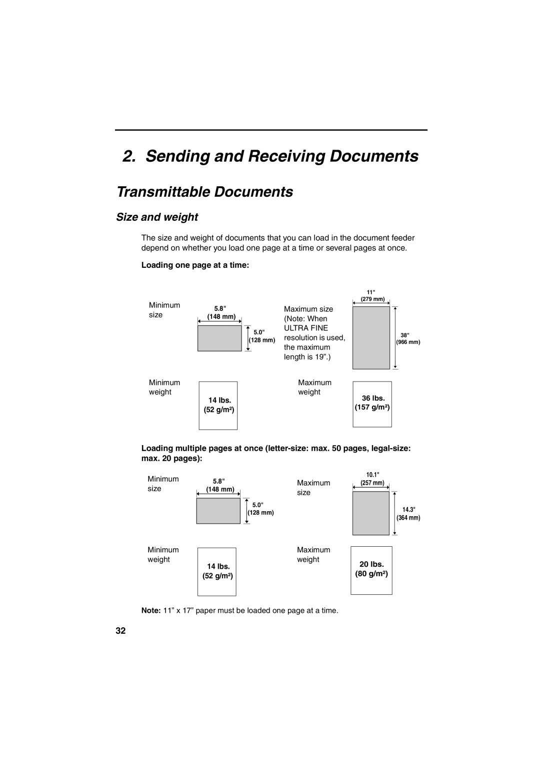 Sharp FO-DC500 operation manual Transmittable Documents, Size and weight, Loading one page at a time 