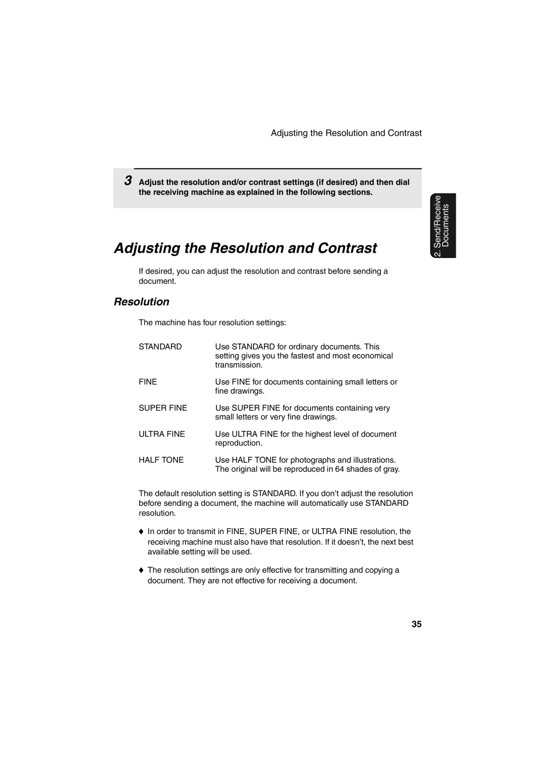 Sharp FO-DC500 operation manual Adjusting the Resolution and Contrast 