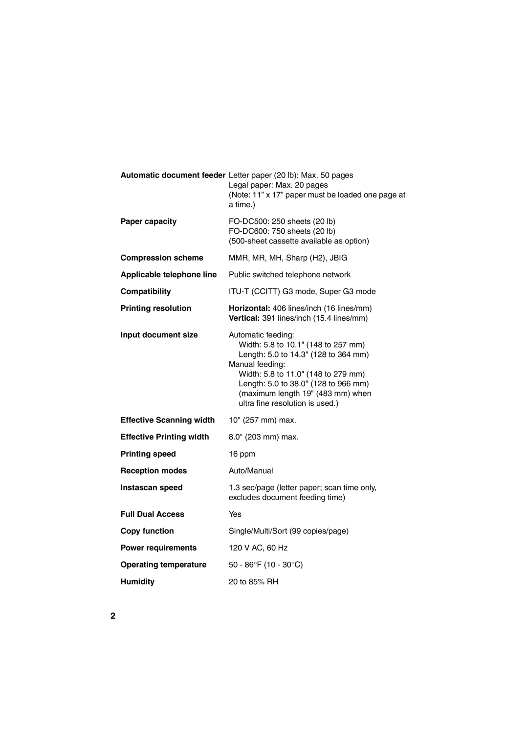 Sharp FO-DC500 Paper capacity, Compression scheme, Applicable telephone line, Compatibility, Printing resolution, Humidity 