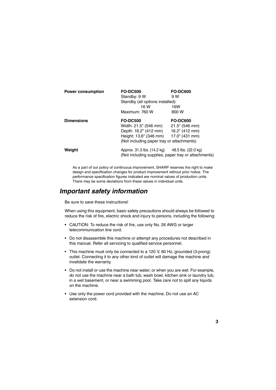 Sharp operation manual Power consumption FO-DC500 FO-DC600, Dimensions FO-DC500 FO-DC600, Weight 