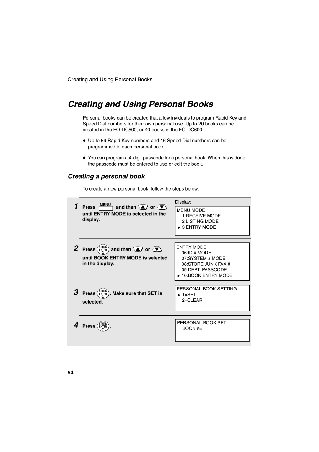 Sharp FO-DC500 Creating and Using Personal Books, Creating a personal book, Press Enter . Make sure that SET is selected 