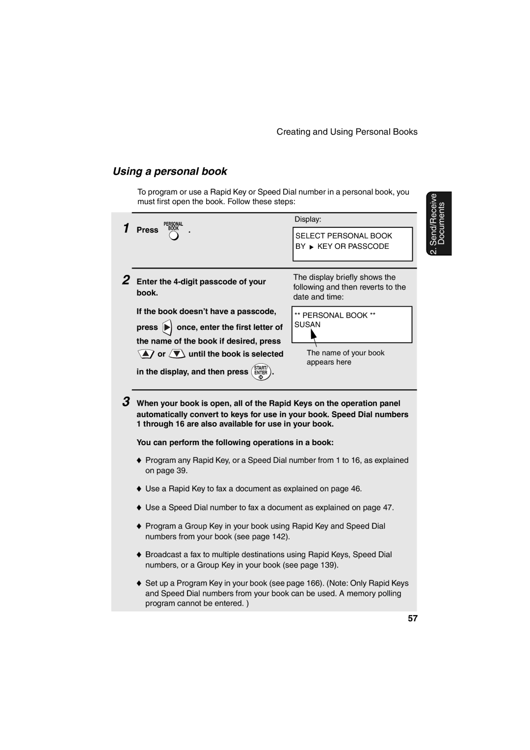 Sharp FO-DC500 operation manual Using a personal book, Press Book, Display, and then press Enter 