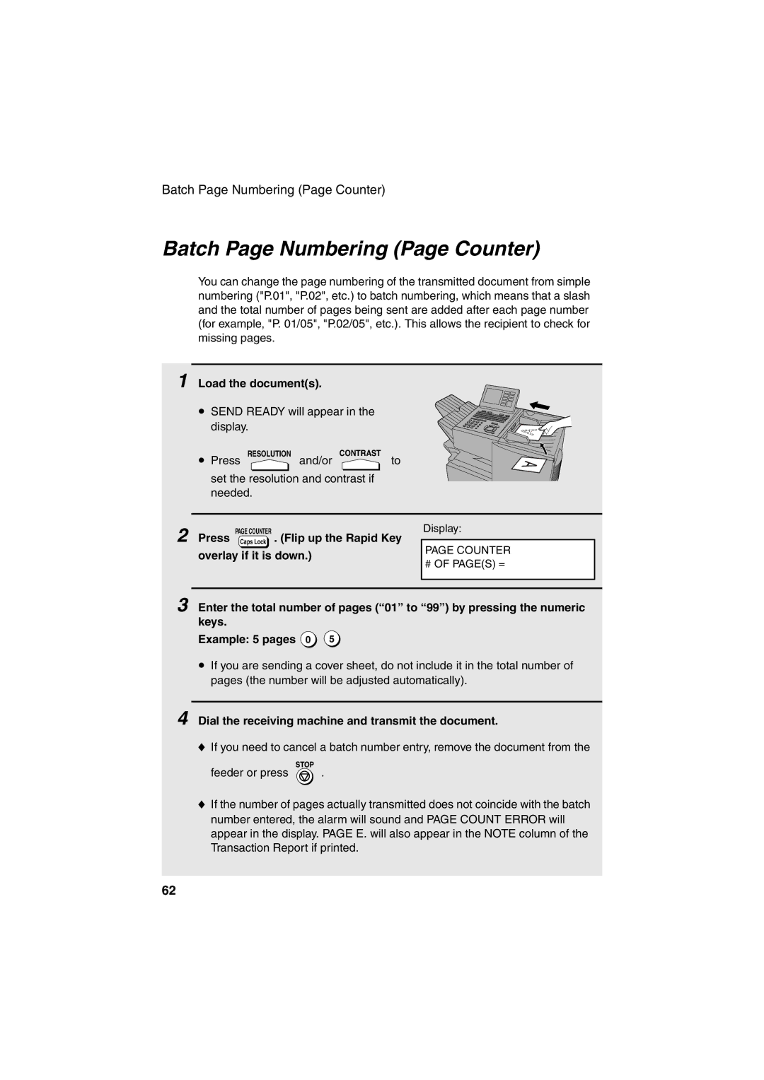 Sharp FO-DC500 operation manual Batch Page Numbering Page Counter, Dial the receiving machine and transmit the document 