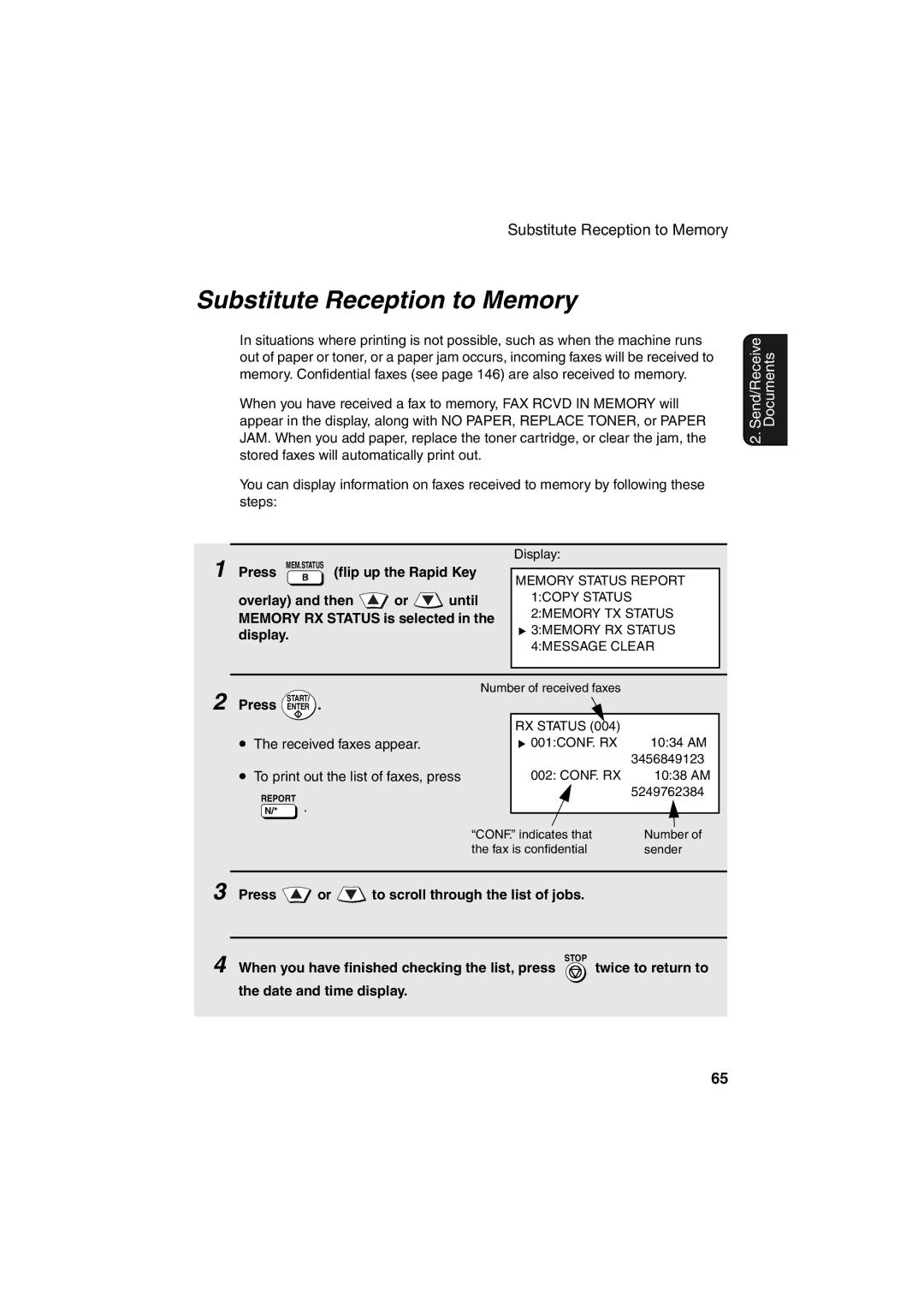 Sharp FO-DC500 operation manual Substitute Reception to Memory, Press or to scroll through the list of jobs 