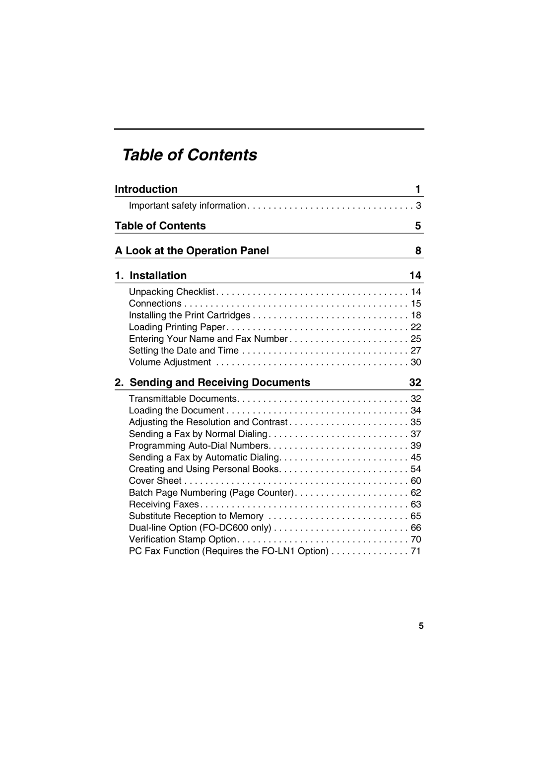 Sharp FO-DC500 operation manual Table of Contents 