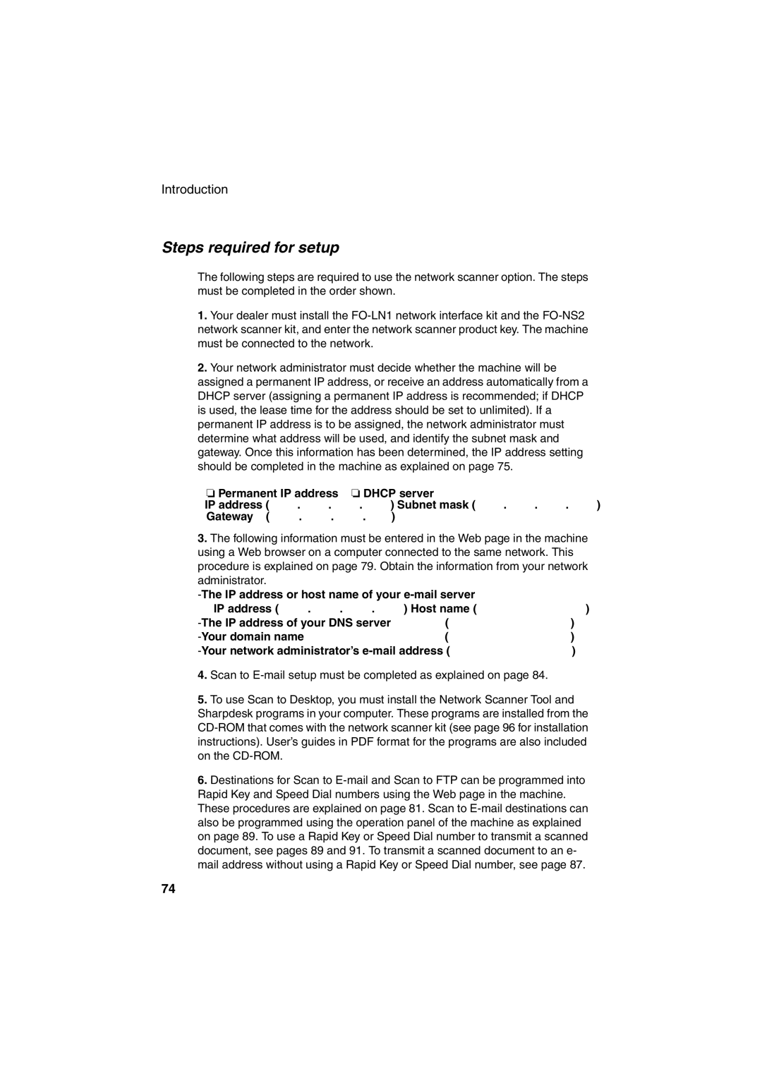 Sharp FO-DC500 operation manual Steps required for setup, Permanent IP address Dhcp server Subnet mask Gateway 