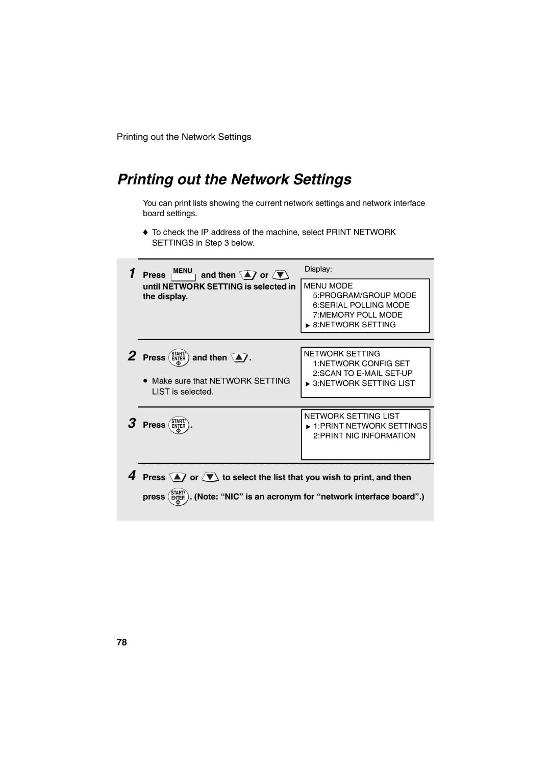 Sharp FO-DC500 Printing out the Network Settings, Press or to select the list that you wish to print, and then 