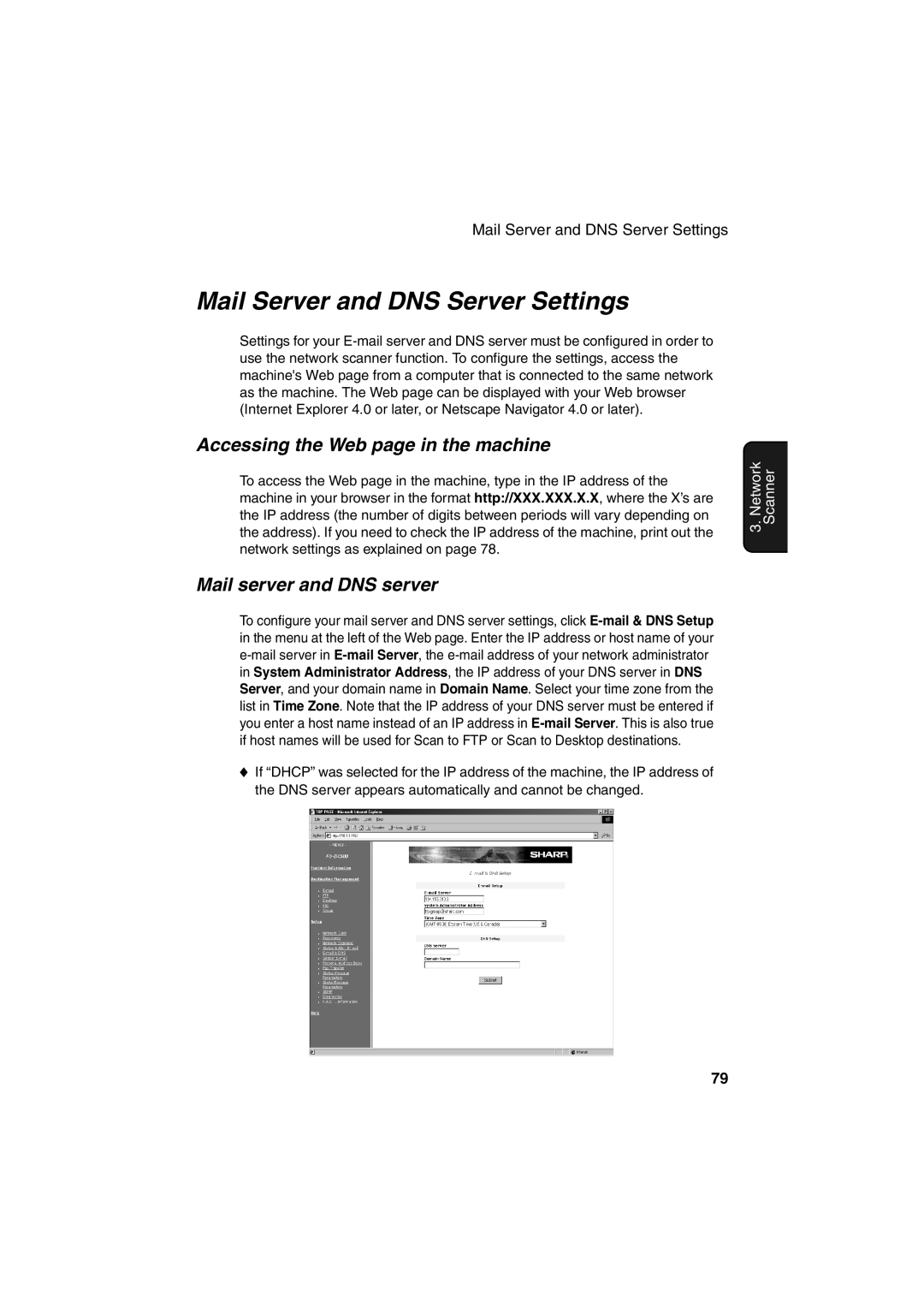 Sharp FO-DC500 Mail Server and DNS Server Settings, Accessing the Web page in the machine, Mail server and DNS server 