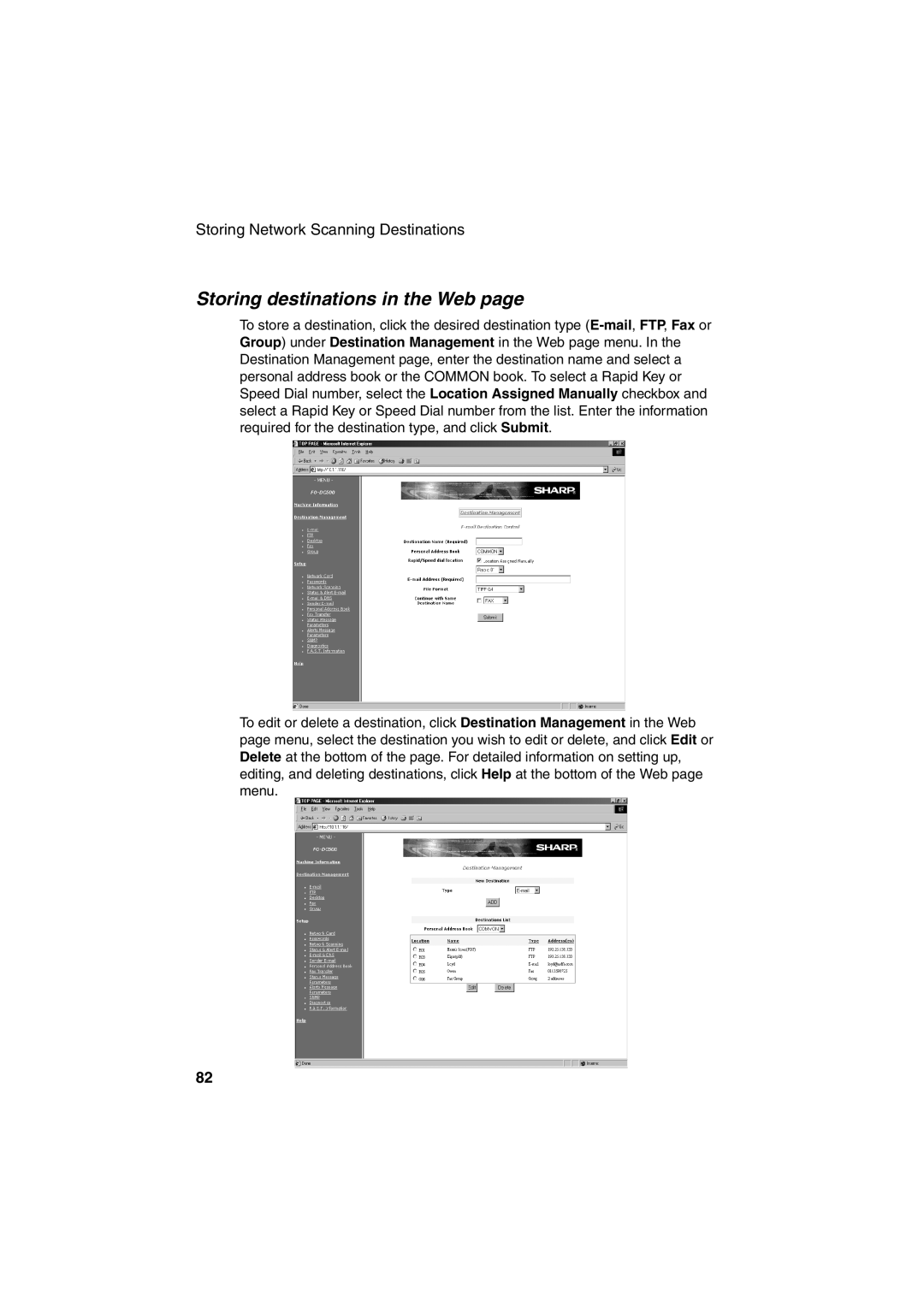 Sharp FO-DC500 operation manual Storing destinations in the Web 