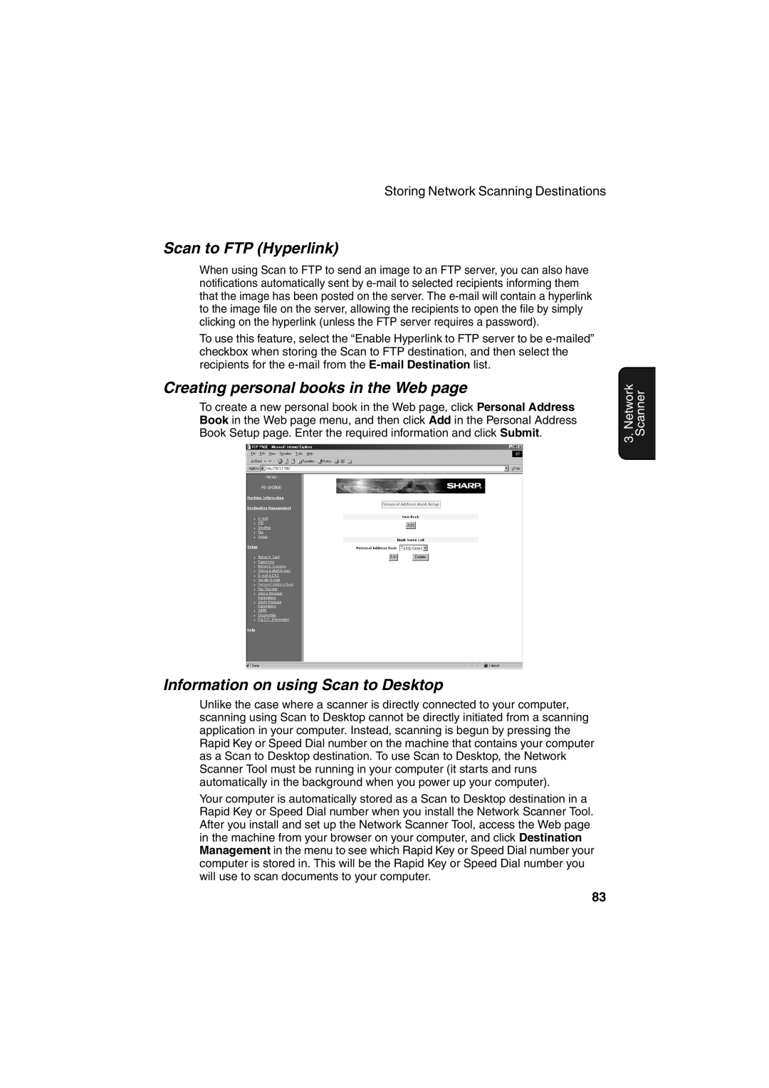 Sharp FO-DC500 Scan to FTP Hyperlink, Creating personal books in the Web, Information on using Scan to Desktop 