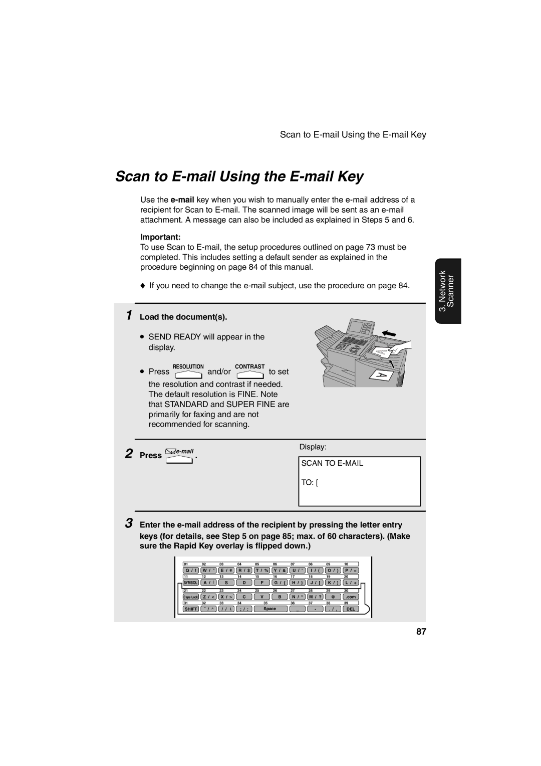 Sharp FO-DC500 operation manual Scan to E-mail Using the E-mail Key, Press e-mail 