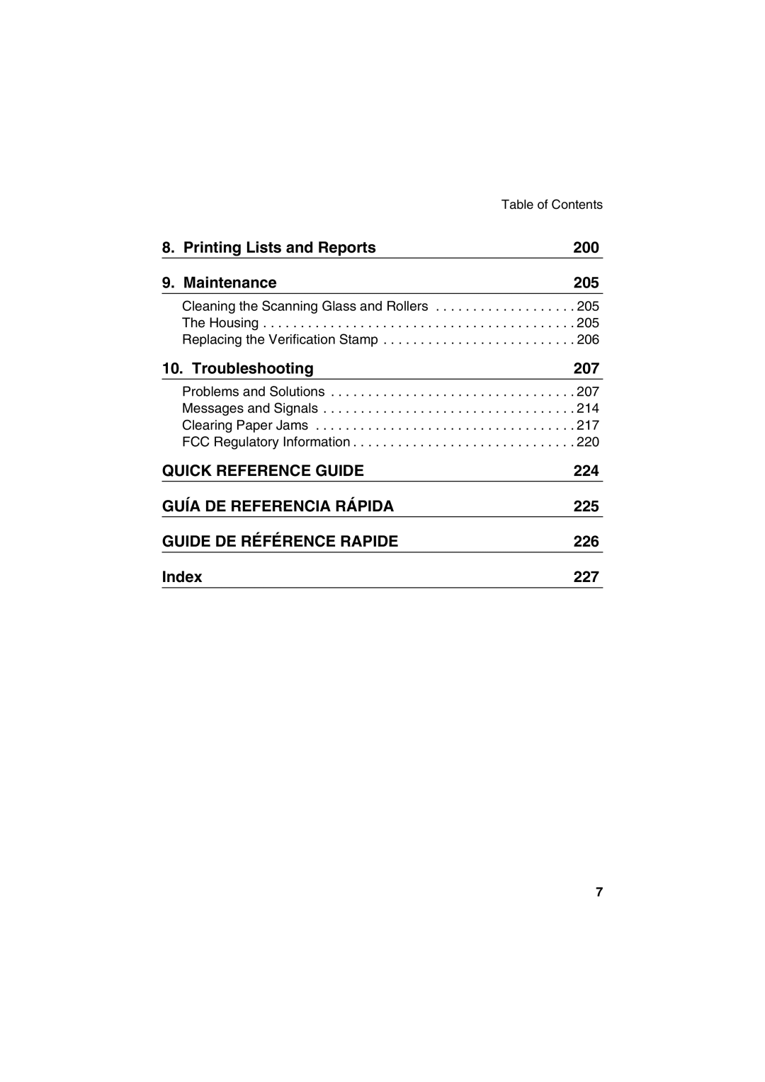 Sharp FO-DC500 operation manual Table of Contents, Housing 205 Replacing the Verification Stamp 206, 217 