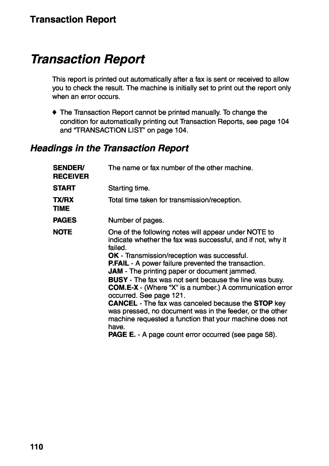 Sharp FO-IS115N operation manual Headings in the Transaction Report 