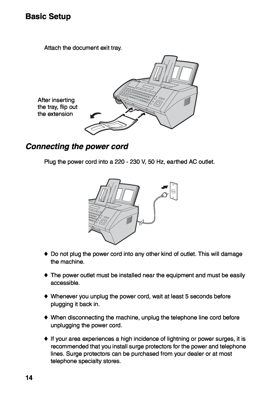 Sharp FO-IS115N operation manual Connecting the power cord, Basic Setup 