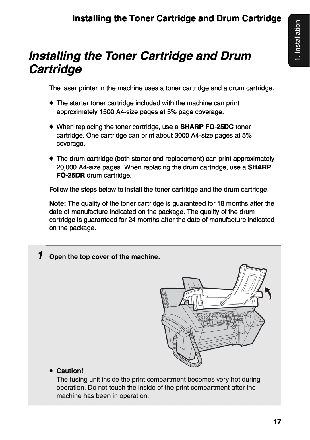 Sharp FO-IS115N operation manual Installing the Toner Cartridge and Drum Cartridge, Installation 