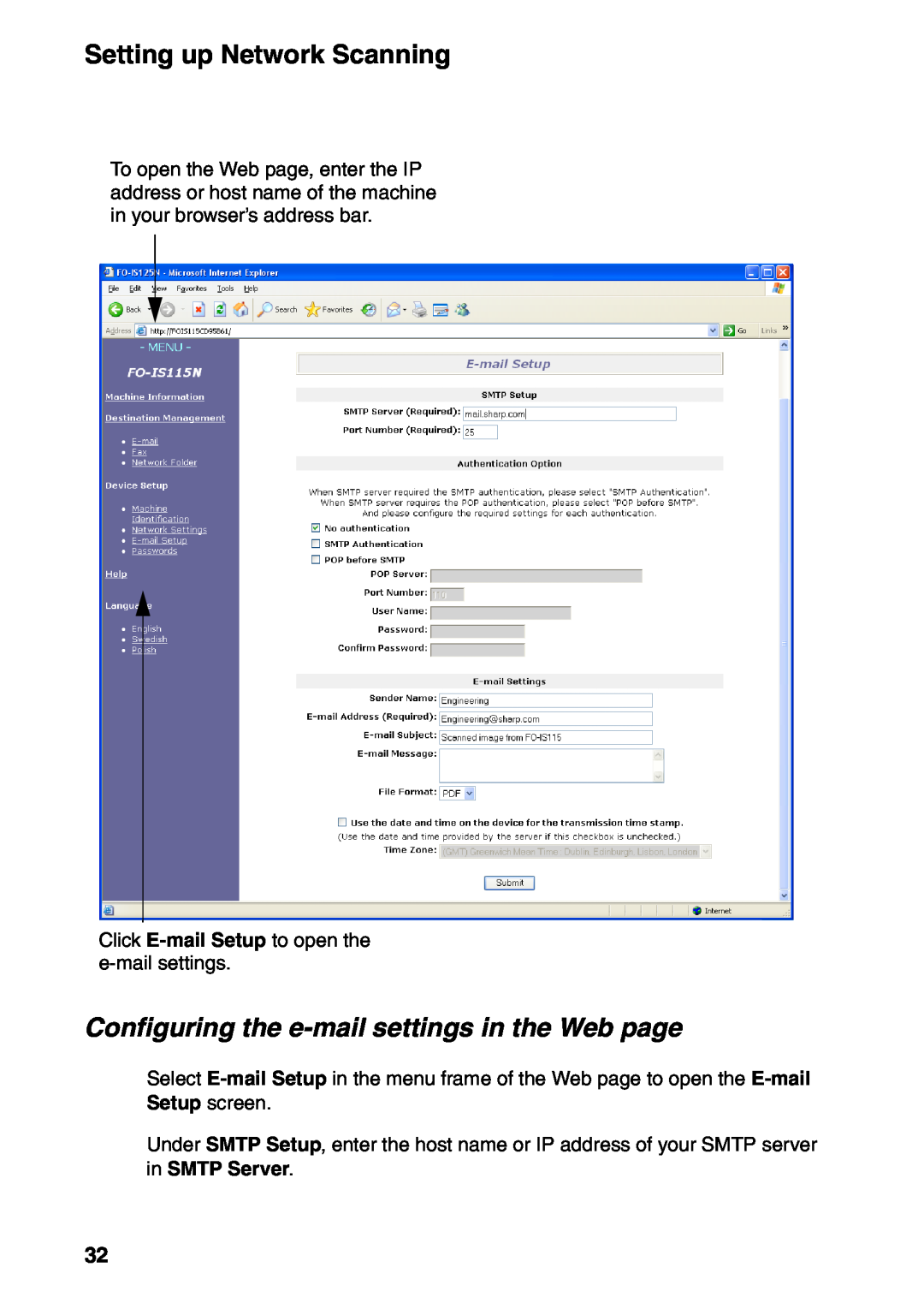 Sharp FO-IS115N operation manual Configuring the e-mail settings in the Web page, in SMTP Server 
