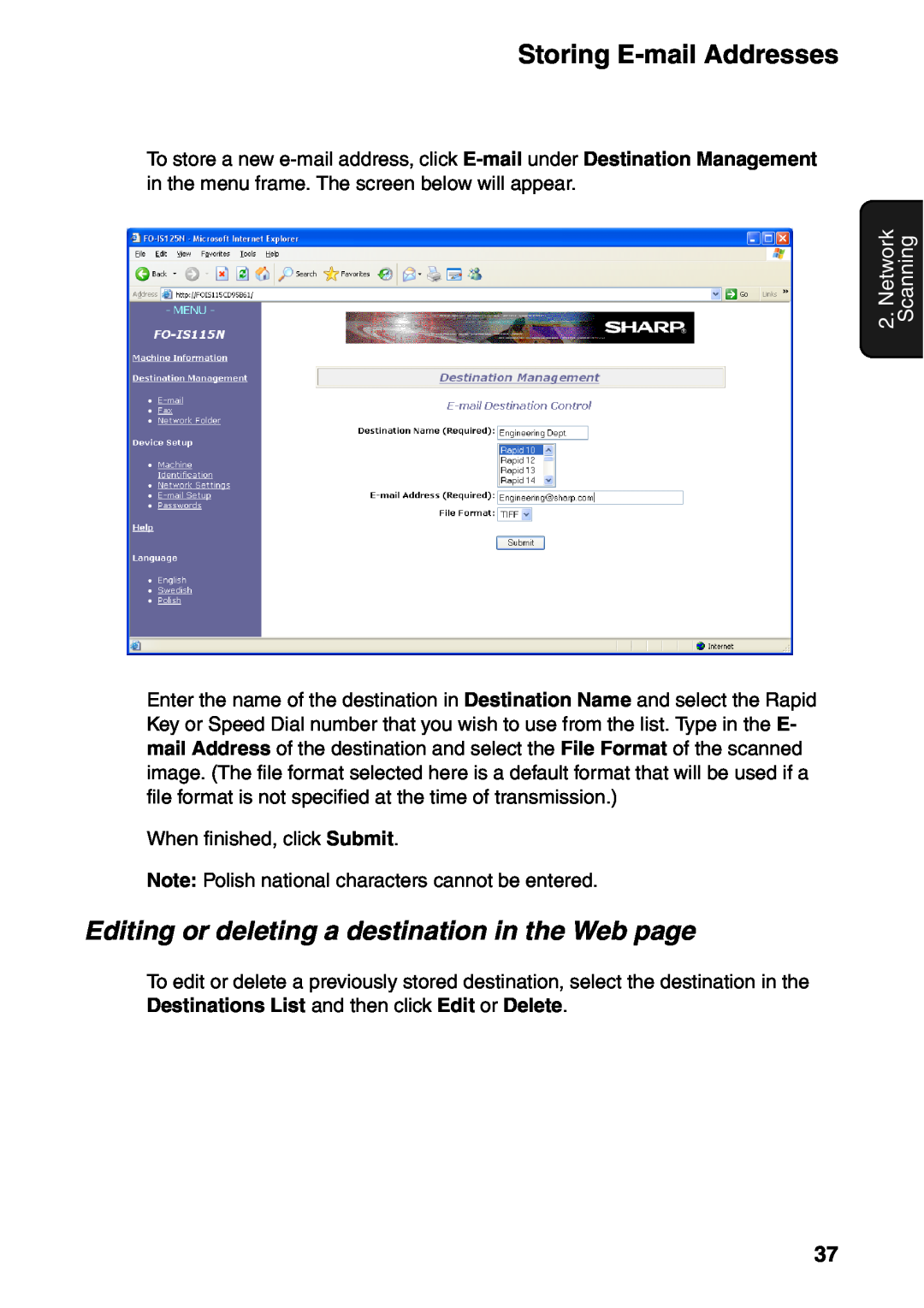 Sharp FO-IS115N operation manual Editing or deleting a destination in the Web page, Network Scanning 