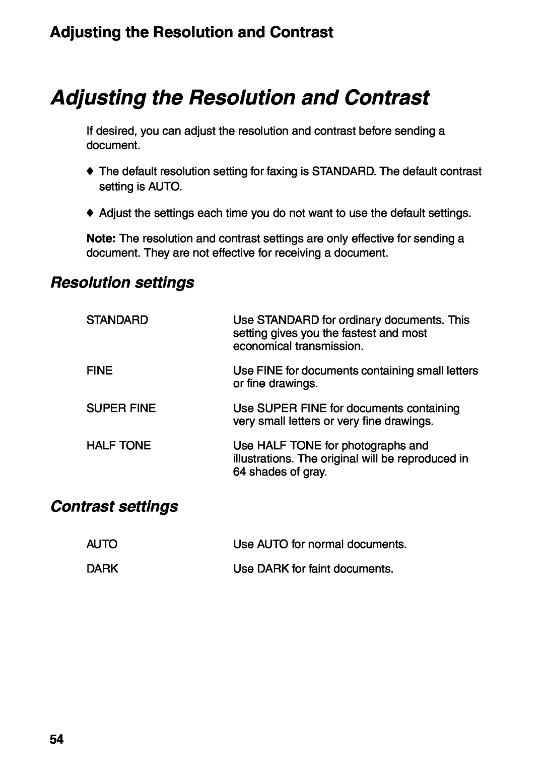 Sharp FO-IS115N operation manual Adjusting the Resolution and Contrast, Resolution settings, Contrast settings 