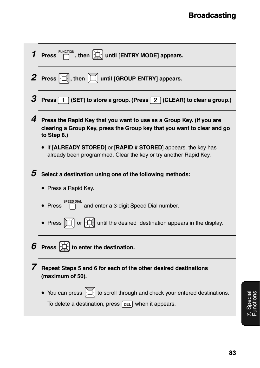 Sharp FO-IS115N operation manual Broadcasting, Special Functions, and enter a 3-digit Speed Dial number 