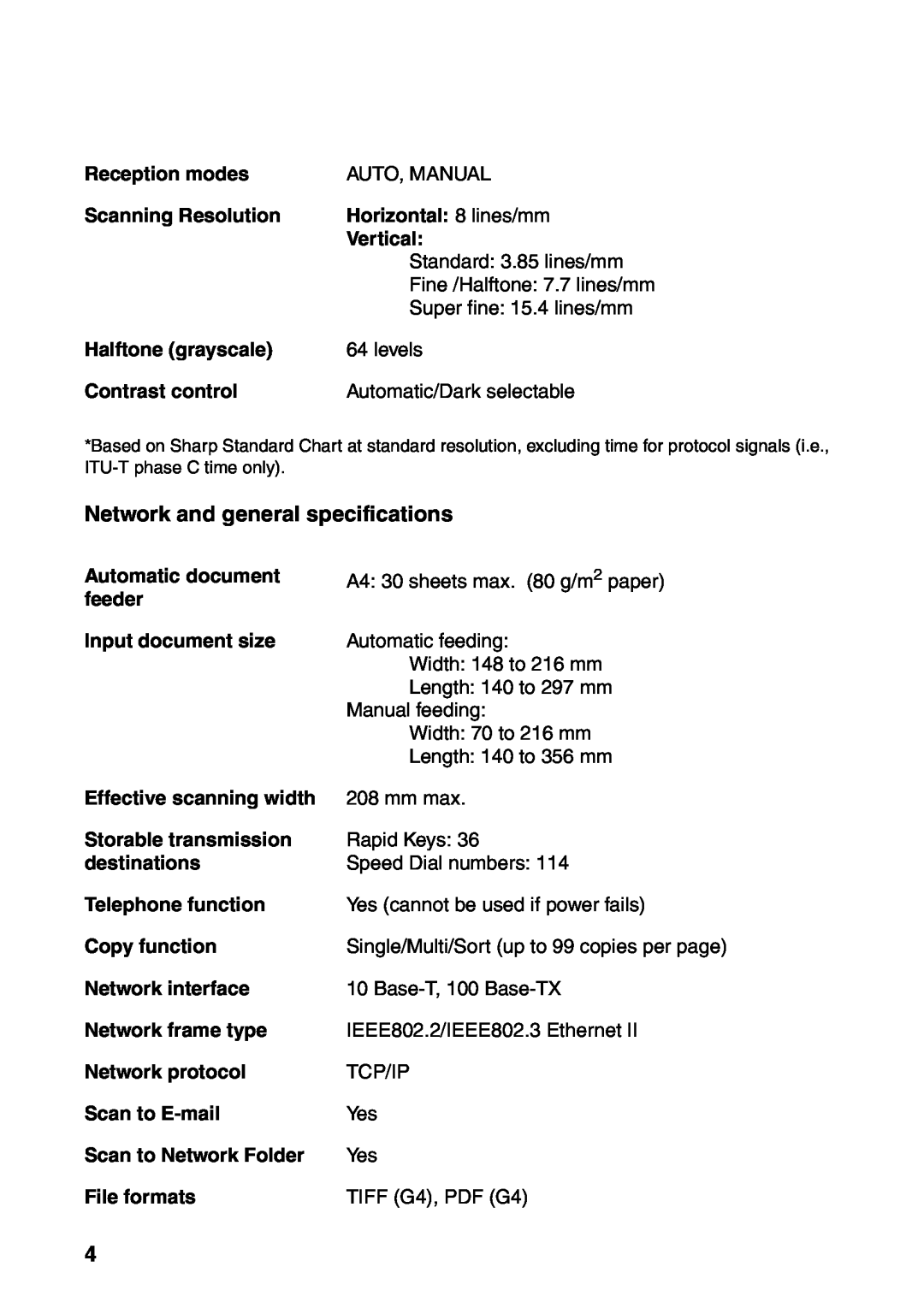 Sharp FO-IS115N operation manual Network and general specifications 