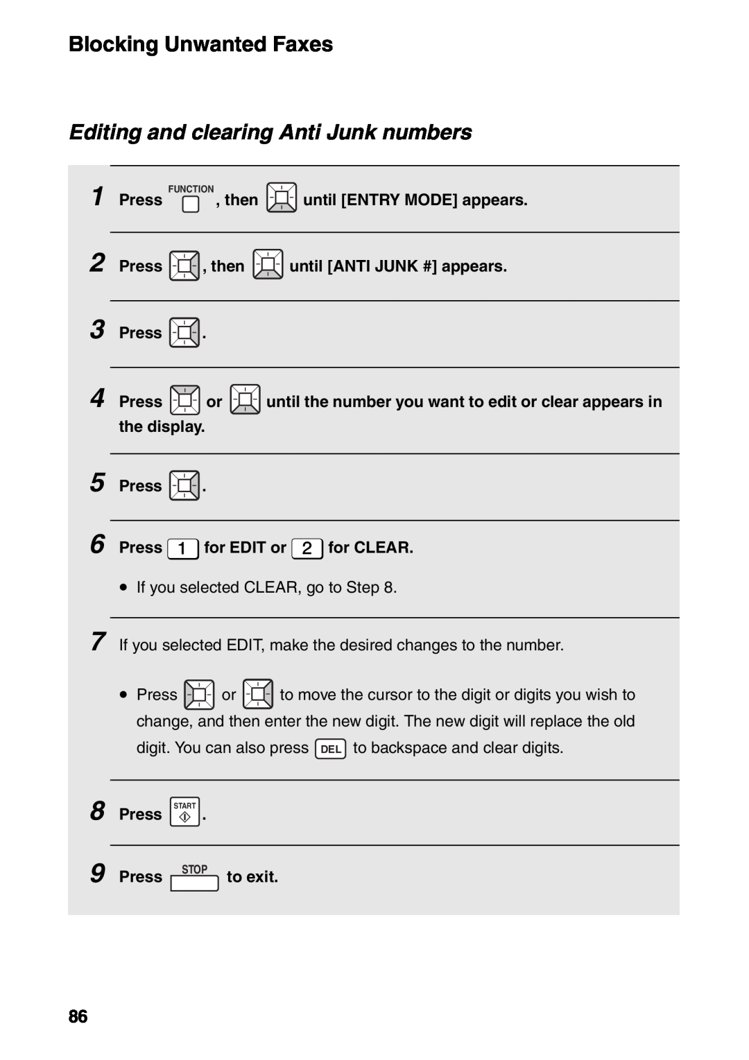 Sharp FO-IS115N operation manual Editing and clearing Anti Junk numbers, Blocking Unwanted Faxes 