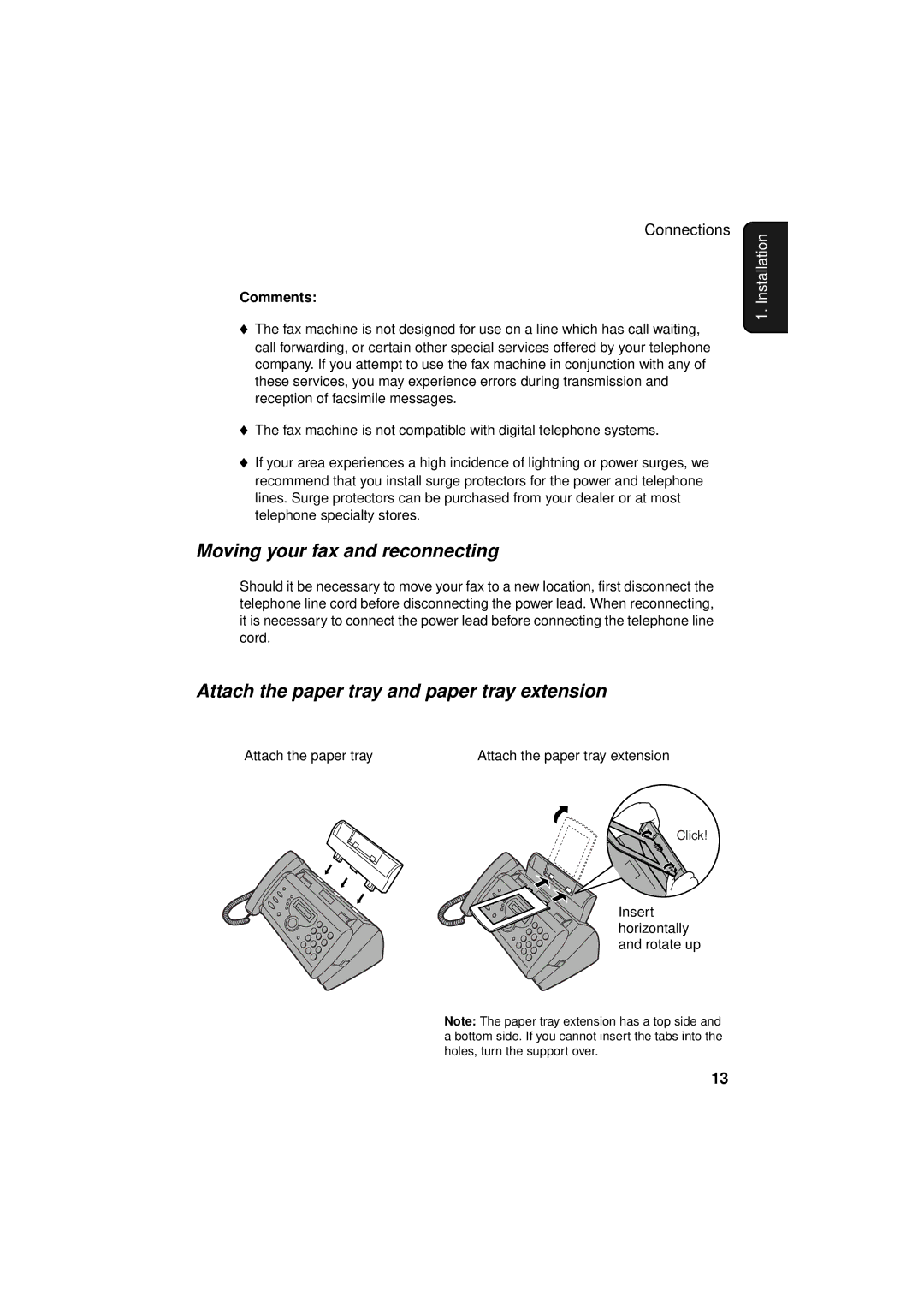 Sharp FO-P610/FO-P630 Moving your fax and reconnecting, Attach the paper tray and paper tray extension, Comments 