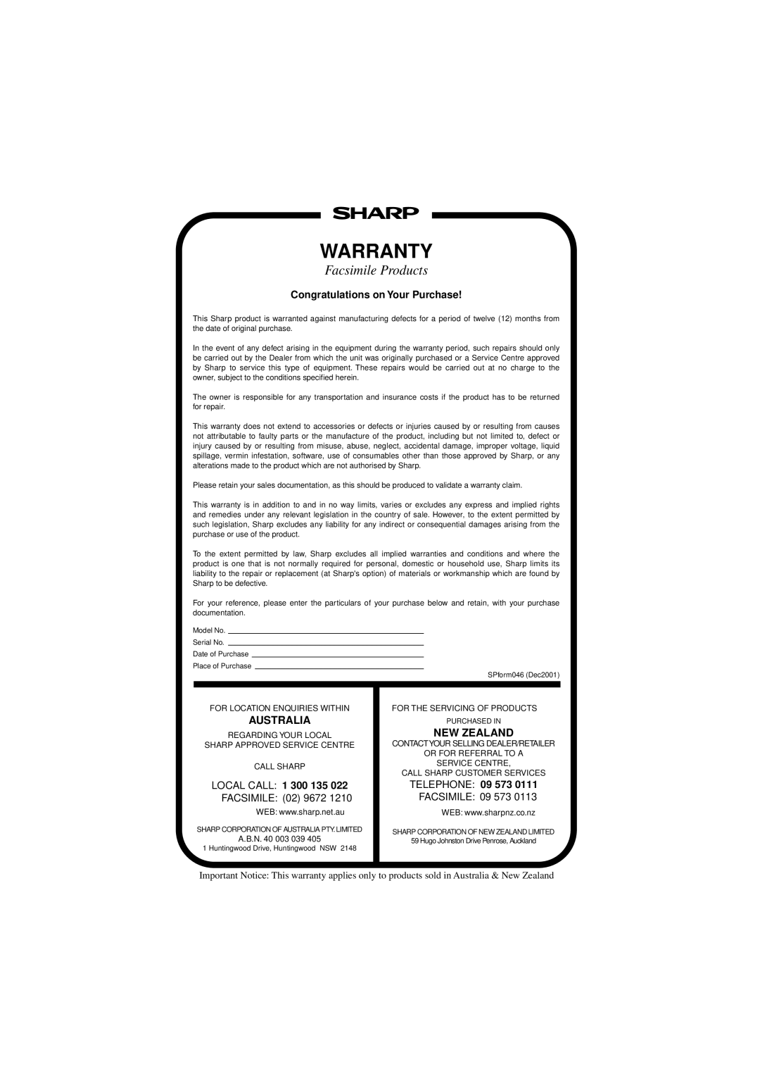 Sharp FO-P610/FO-P630 operation manual Warranty 