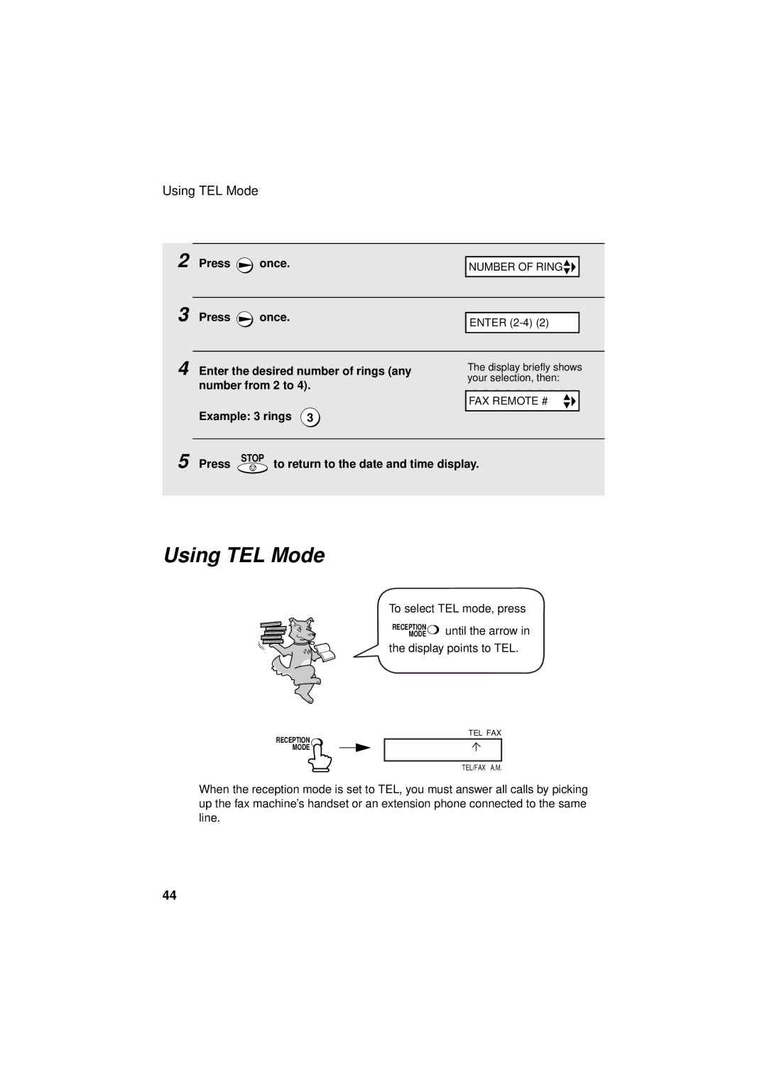 Sharp FO-P610/FO-P630 operation manual Using TEL Mode, Enter the desired number of rings any, Number from 2 to 