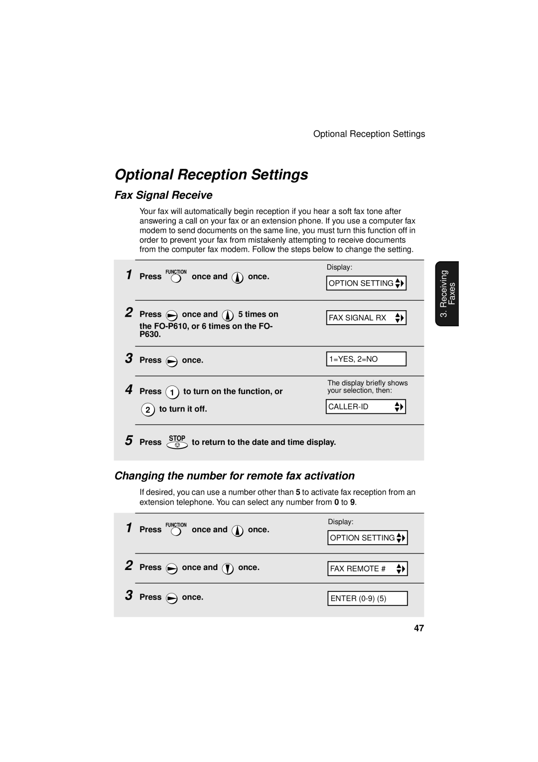 Sharp FO-P610/FO-P630 Optional Reception Settings, Fax Signal Receive, Changing the number for remote fax activation 