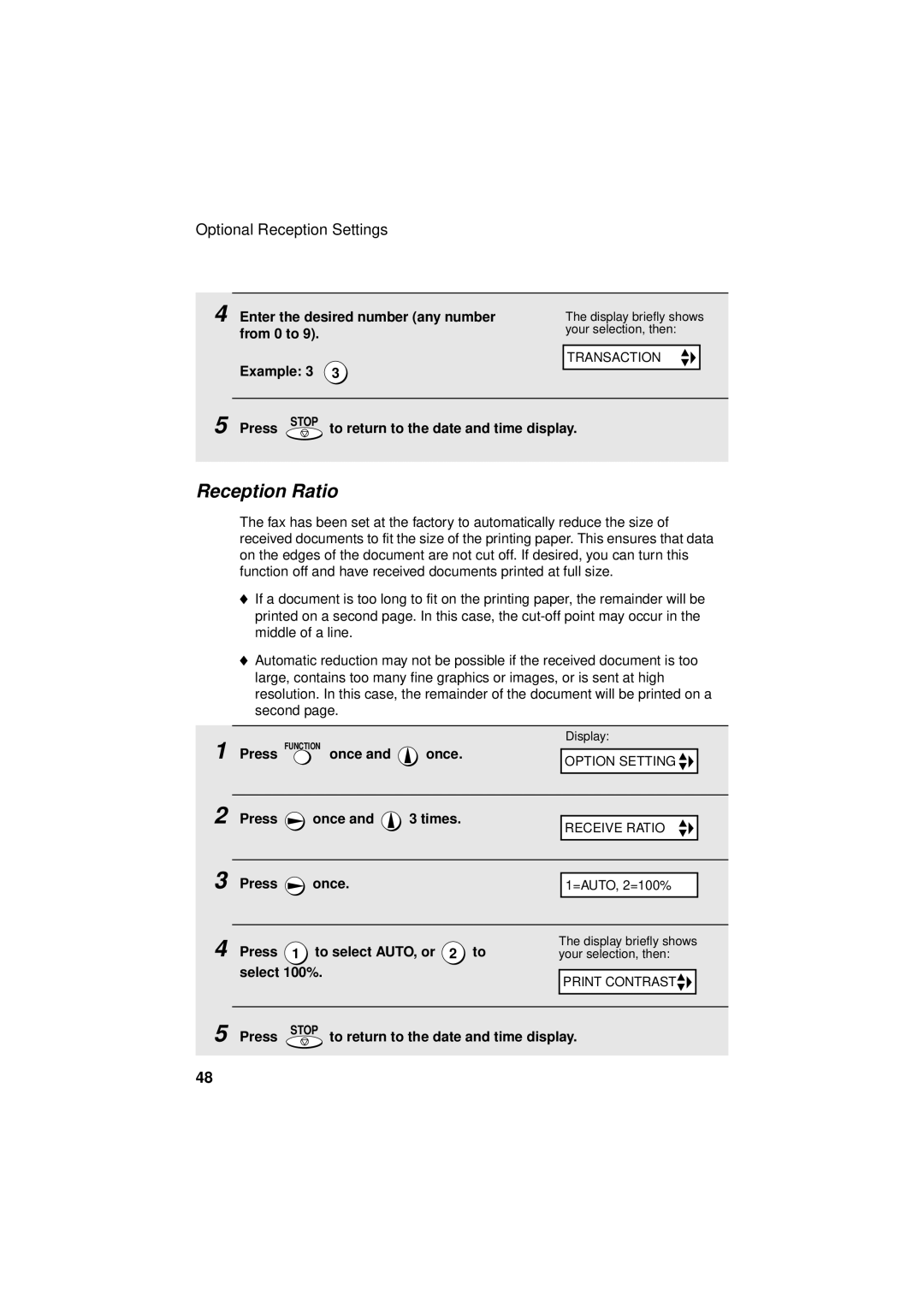 Sharp FO-P610/FO-P630 operation manual Reception Ratio, Enter the desired number any number from 0 to Example 3 