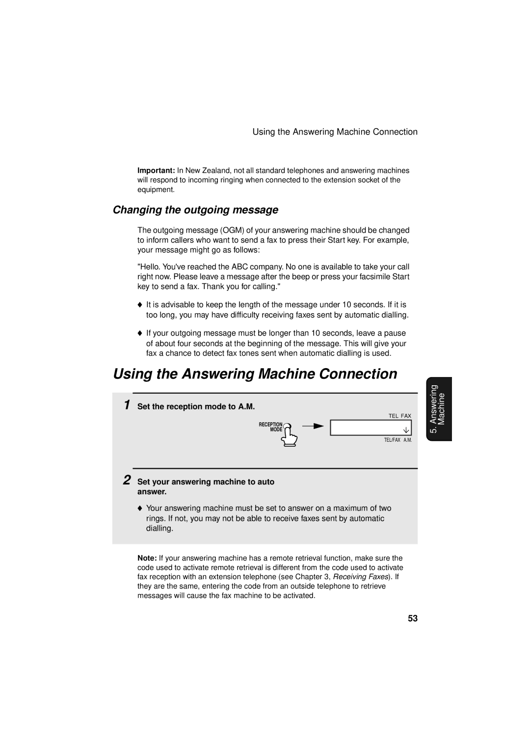 Sharp FO-P610/FO-P630 Using the Answering Machine Connection, Changing the outgoing message, Set the reception mode to A.M 