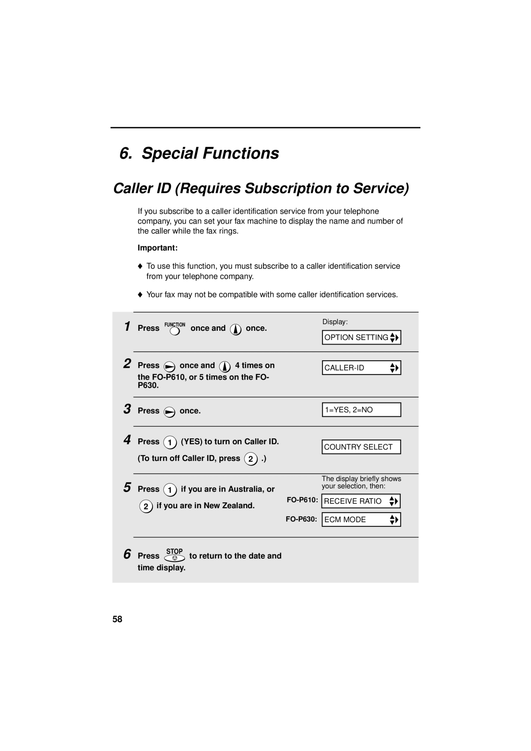 Sharp FO-P610/FO-P630 operation manual Special Functions, Caller ID Requires Subscription to Service 