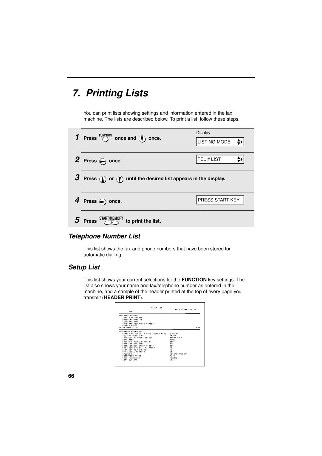 Sharp FO-P610/FO-P630 Printing Lists, Telephone Number List, Setup List, Press START/MEMORY to print the list 