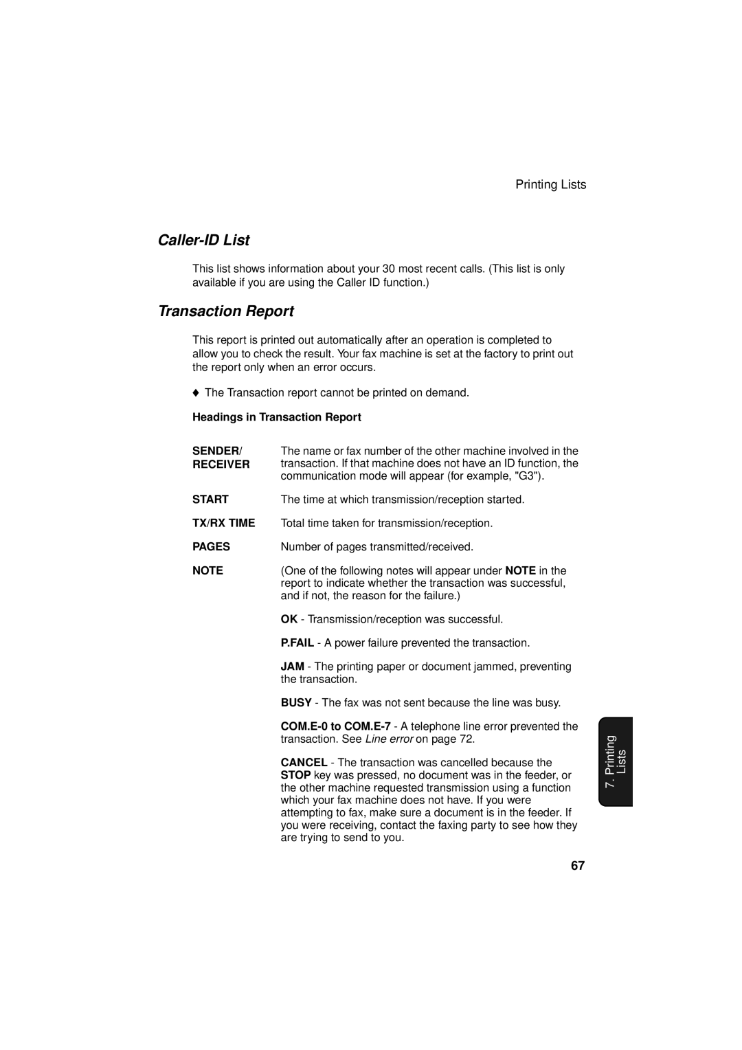 Sharp FO-P610/FO-P630 operation manual Caller-ID List, Headings in Transaction Report 