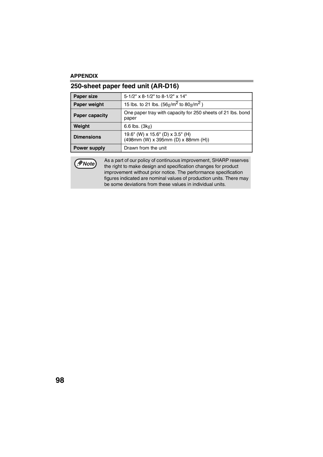 Sharp FODC550 operation manual Sheet paper feed unit AR-D16, Paper size, Paper weight, Paper capacity 