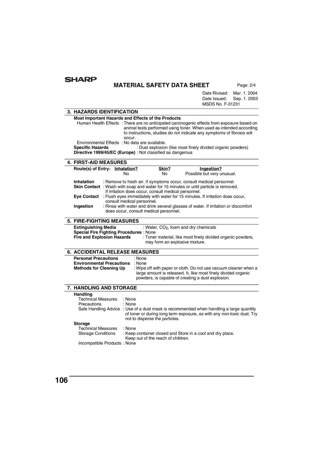 Sharp FODC550 operation manual 106, Hazards Identification 