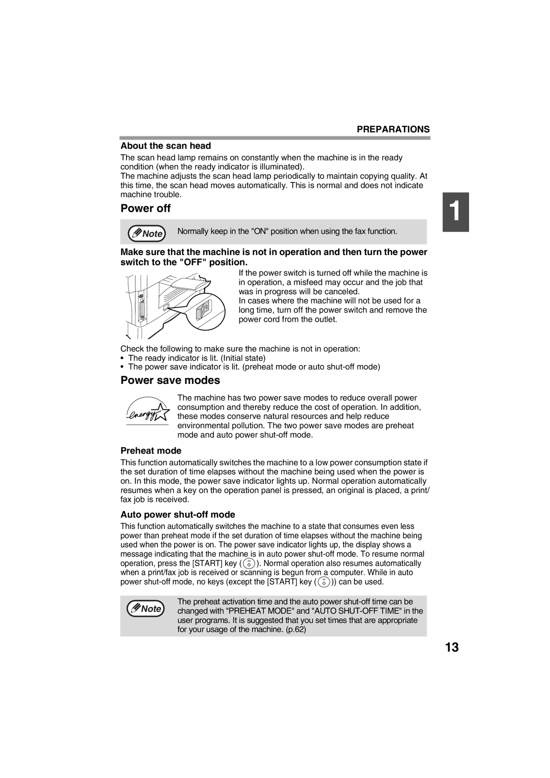 Sharp FODC550 operation manual Power off, Power save modes, About the scan head, Preheat mode, Auto power shut-off mode 