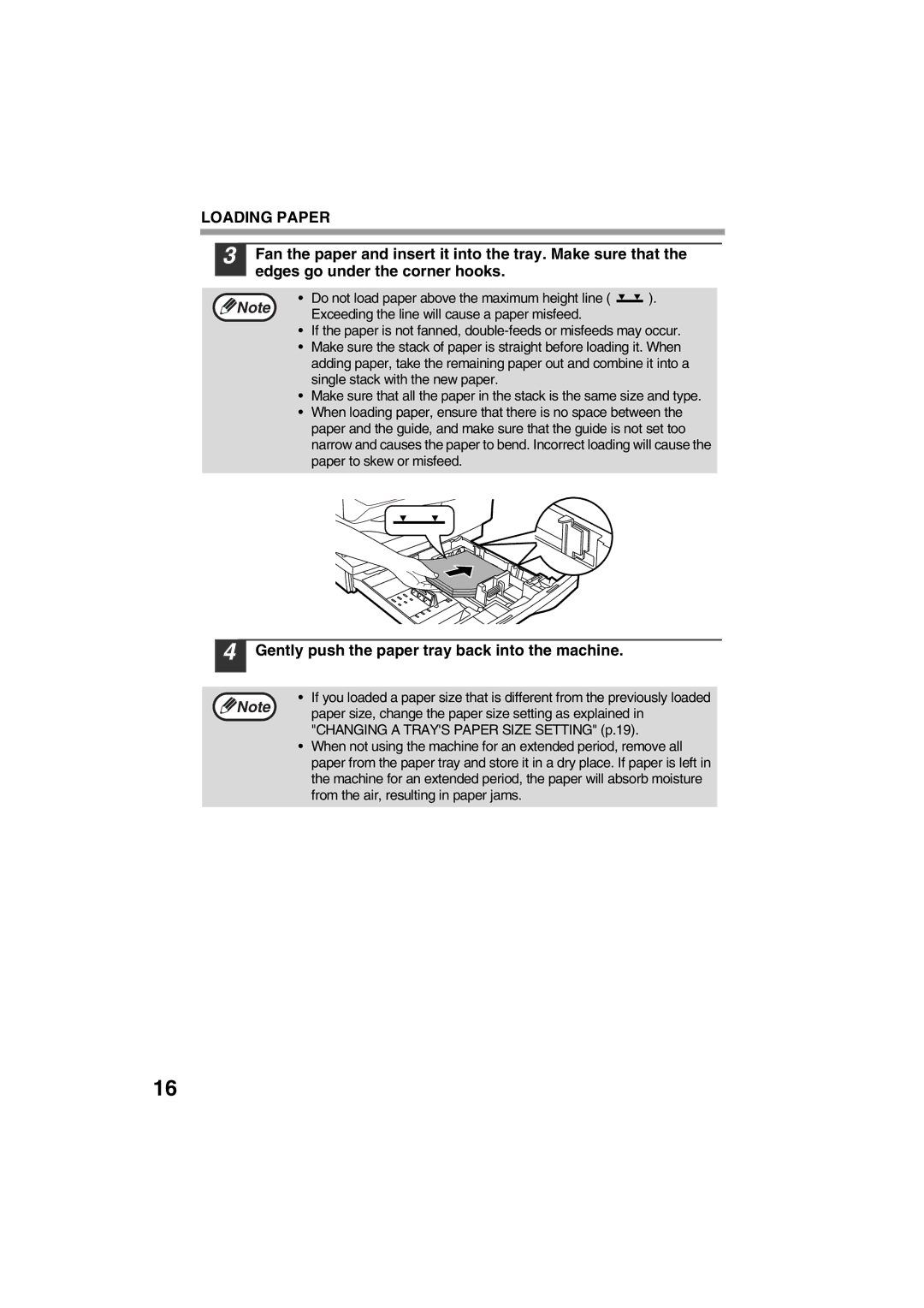 Sharp FODC550 Gently push the paper tray back into the machine, Paper size, change the paper size setting as explained 