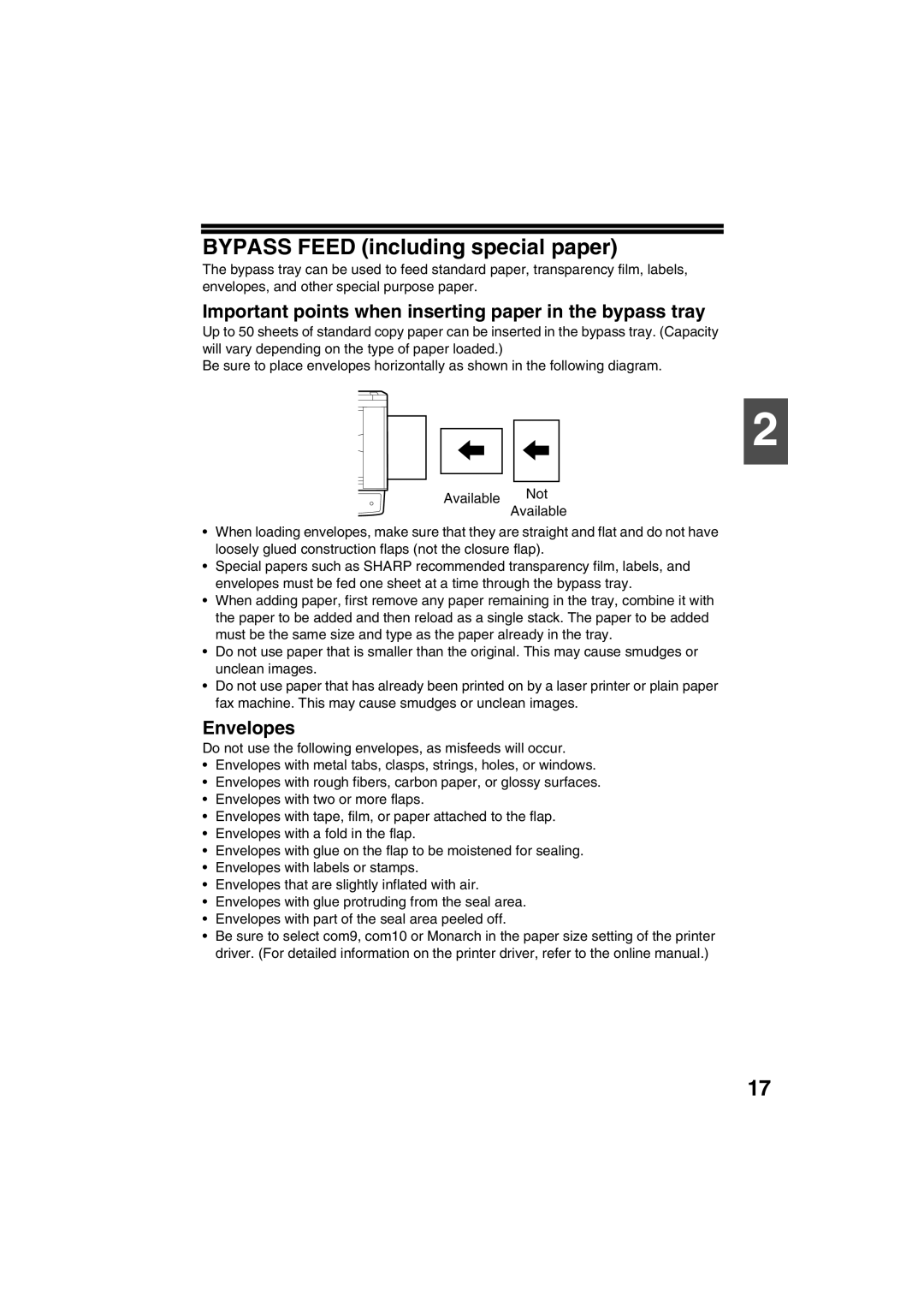 Sharp FODC550 Bypass Feed including special paper, Important points when inserting paper in the bypass tray, Envelopes 