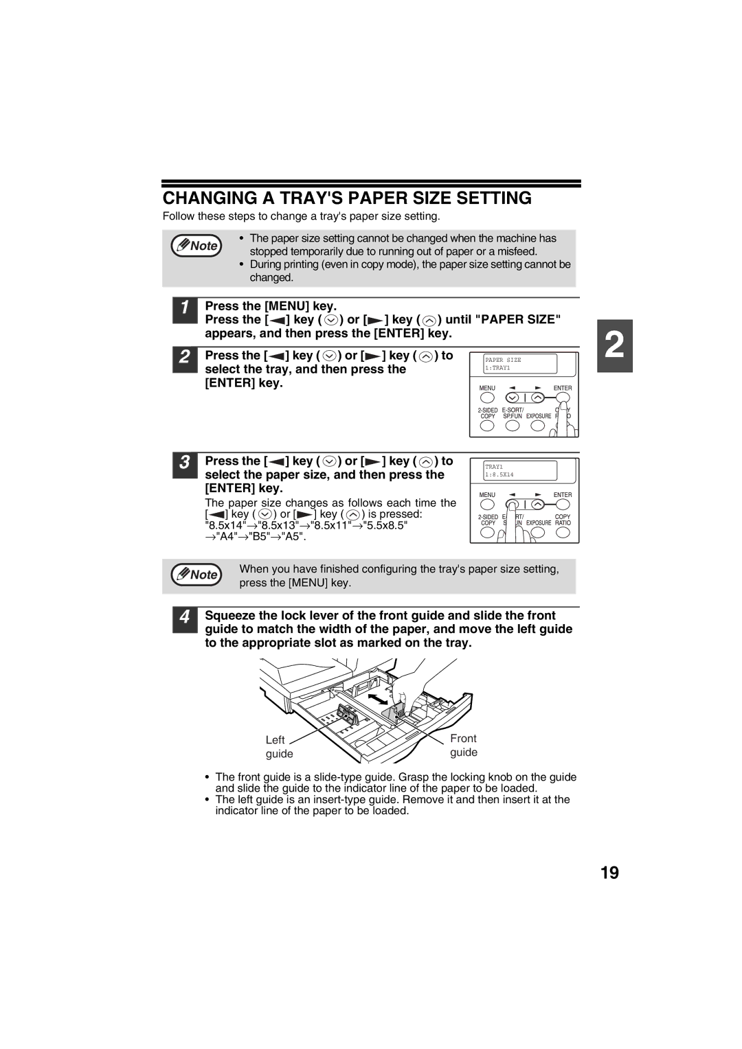 Sharp FODC550 Changing a Trays Paper Size Setting, Select the tray, and then press, Press the Menu key, Left Front Guide 