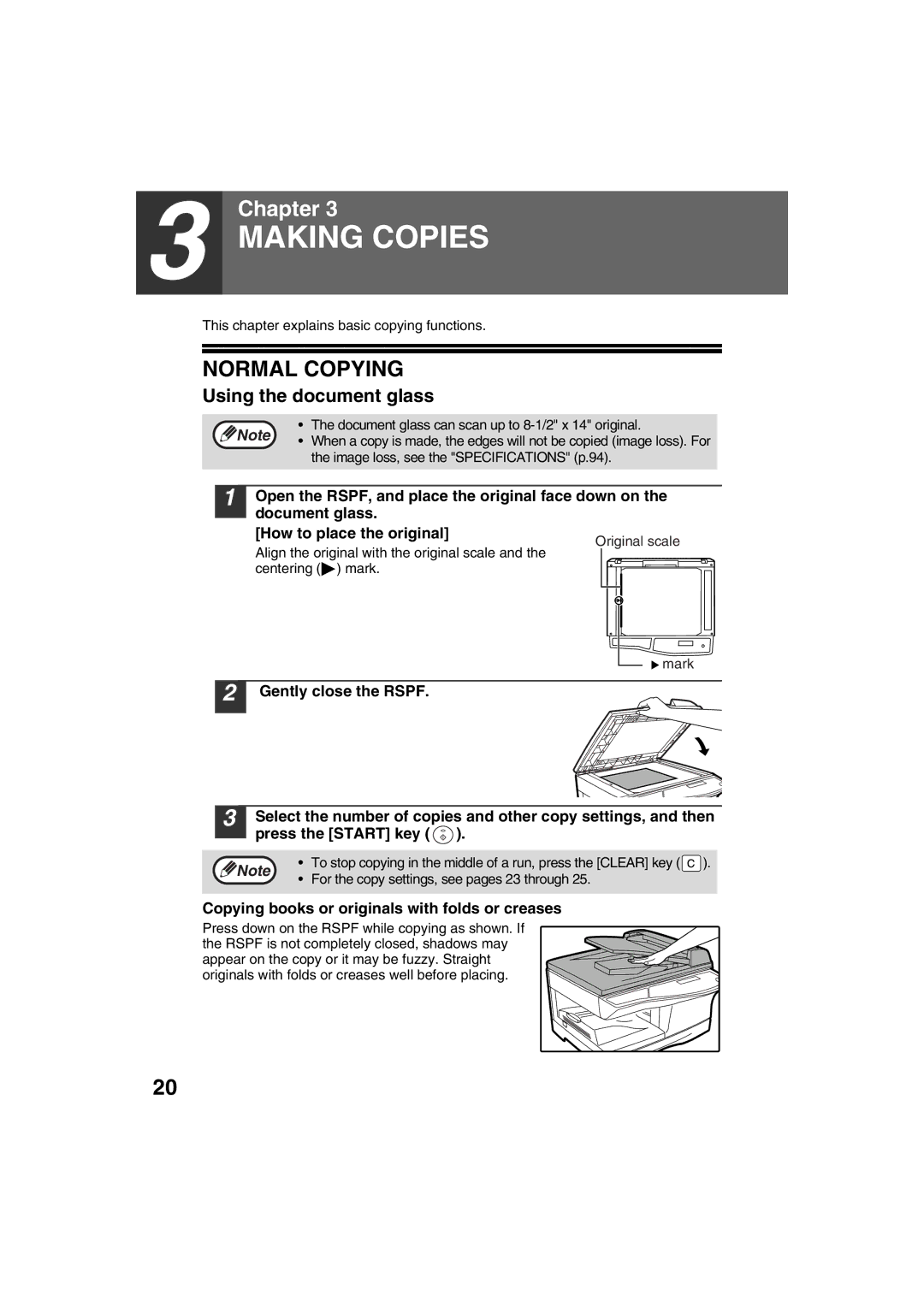 Sharp FODC550 Making Copies, Normal Copying, Using the document glass, Copying books or originals with folds or creases 