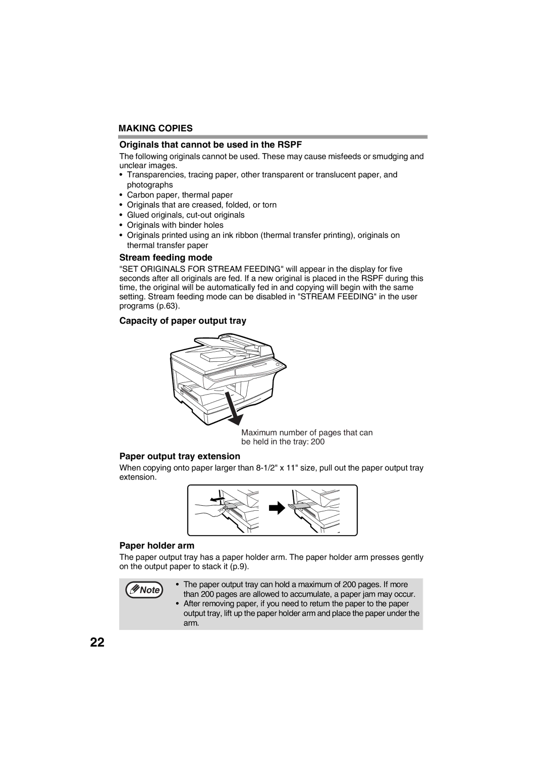 Sharp FODC550 Originals that cannot be used in the Rspf, Stream feeding mode, Capacity of paper output tray 