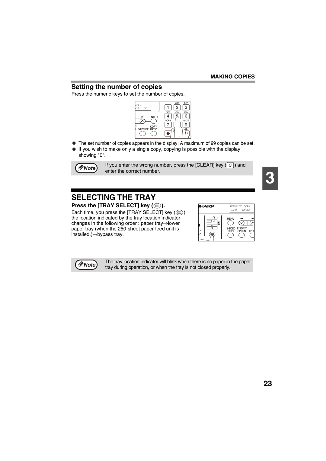 Sharp FODC550 operation manual Selecting the Tray, Setting the number of copies, Press the Tray Select key 