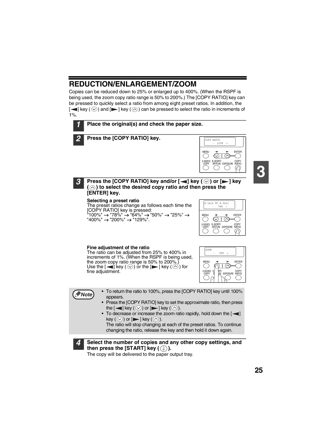 Sharp FODC550 operation manual Reduction/Enlargement/Zoom, Selecting a preset ratio, Fine adjustment of the ratio 