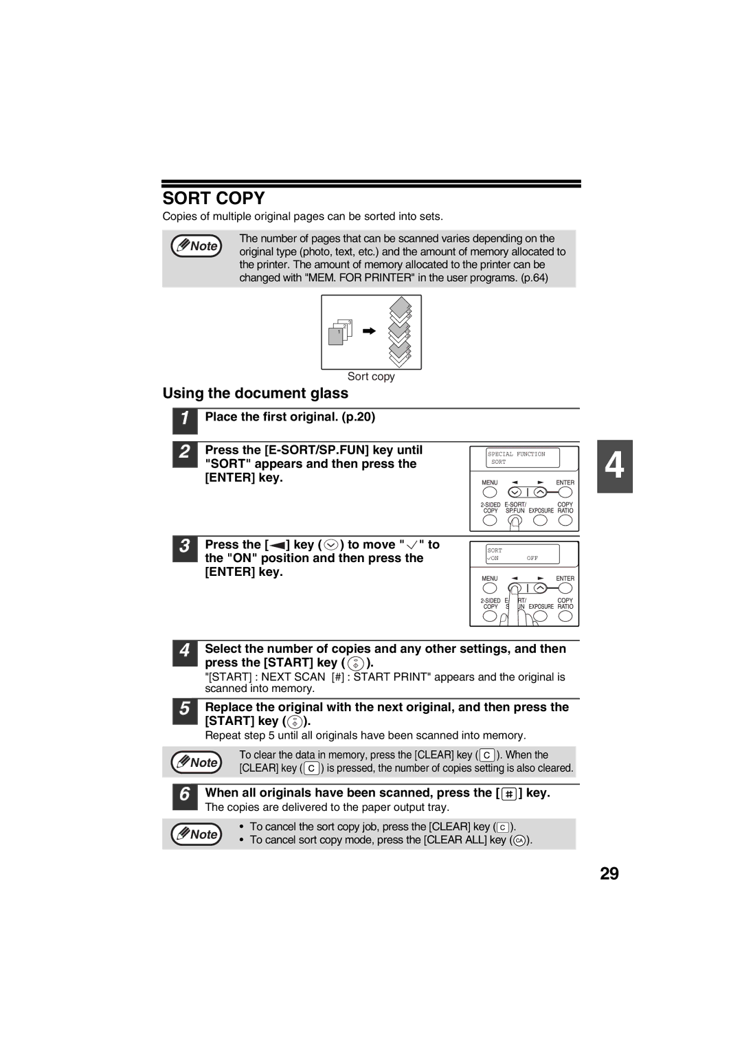 Sharp FODC550 Sort Copy, Sort appears and then press, Copies of multiple original pages can be sorted into sets, Sort copy 