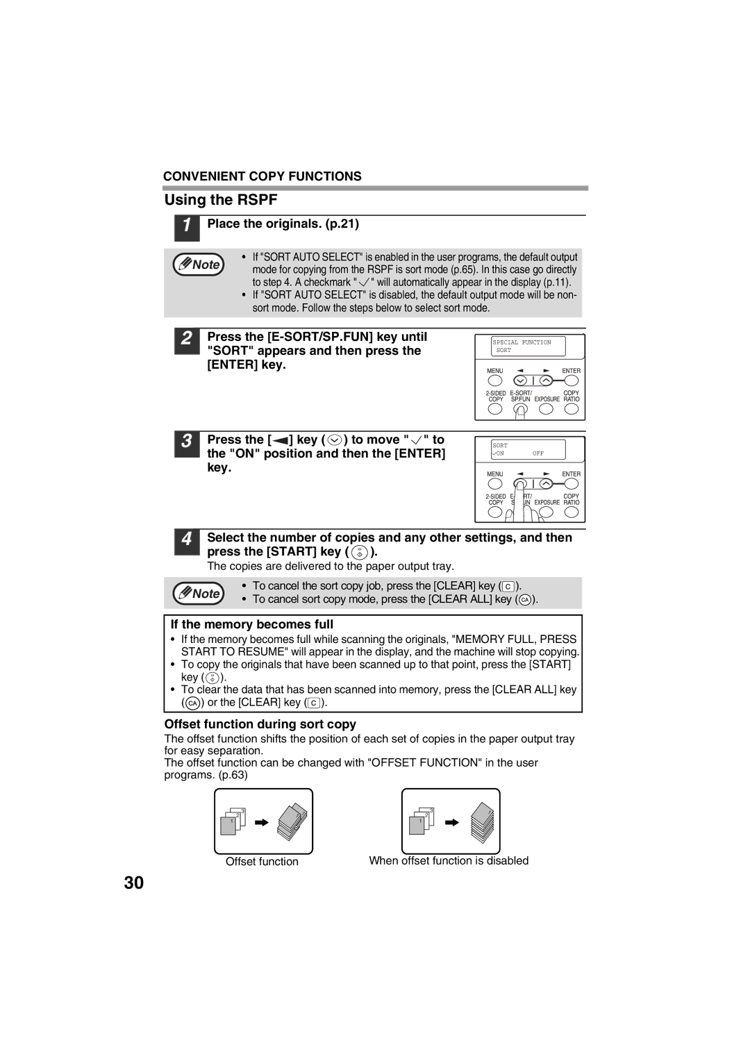 Sharp FODC550 operation manual Place the originals. p.21, If the memory becomes full, Offset function during sort copy 