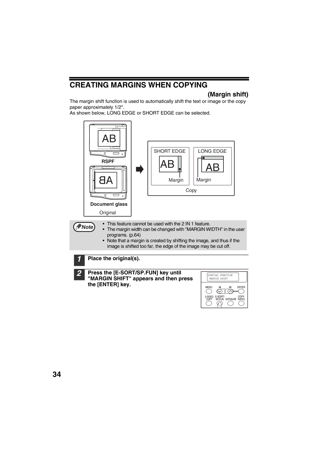 Sharp FODC550 Creating Margins When Copying, Margin shift, Place the originals Press the E-SORT/SP.FUN key until, Rspf AB 