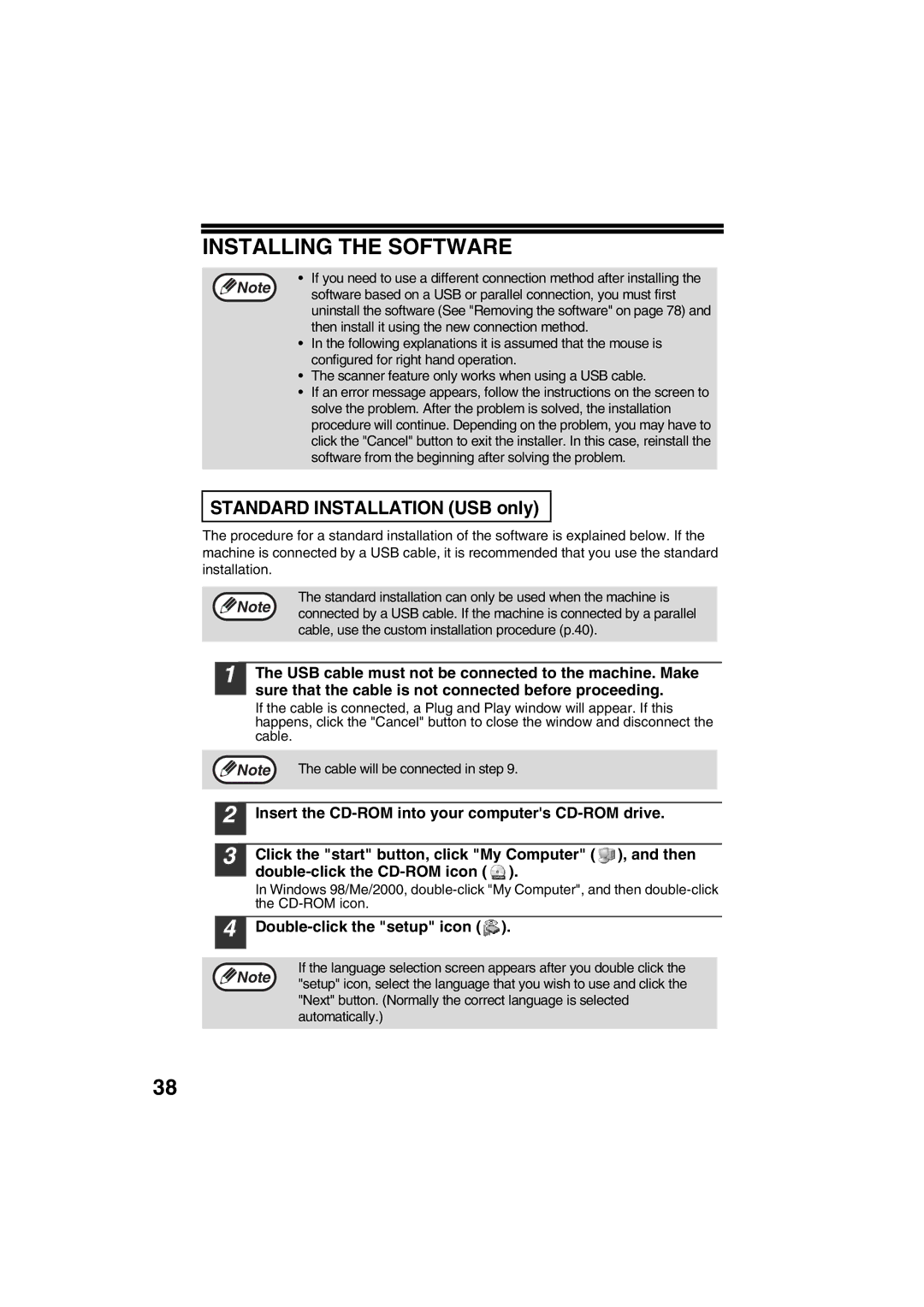 Sharp FODC550 operation manual Installing the Software, Standard Installation USB only, Double-click the setup icon 